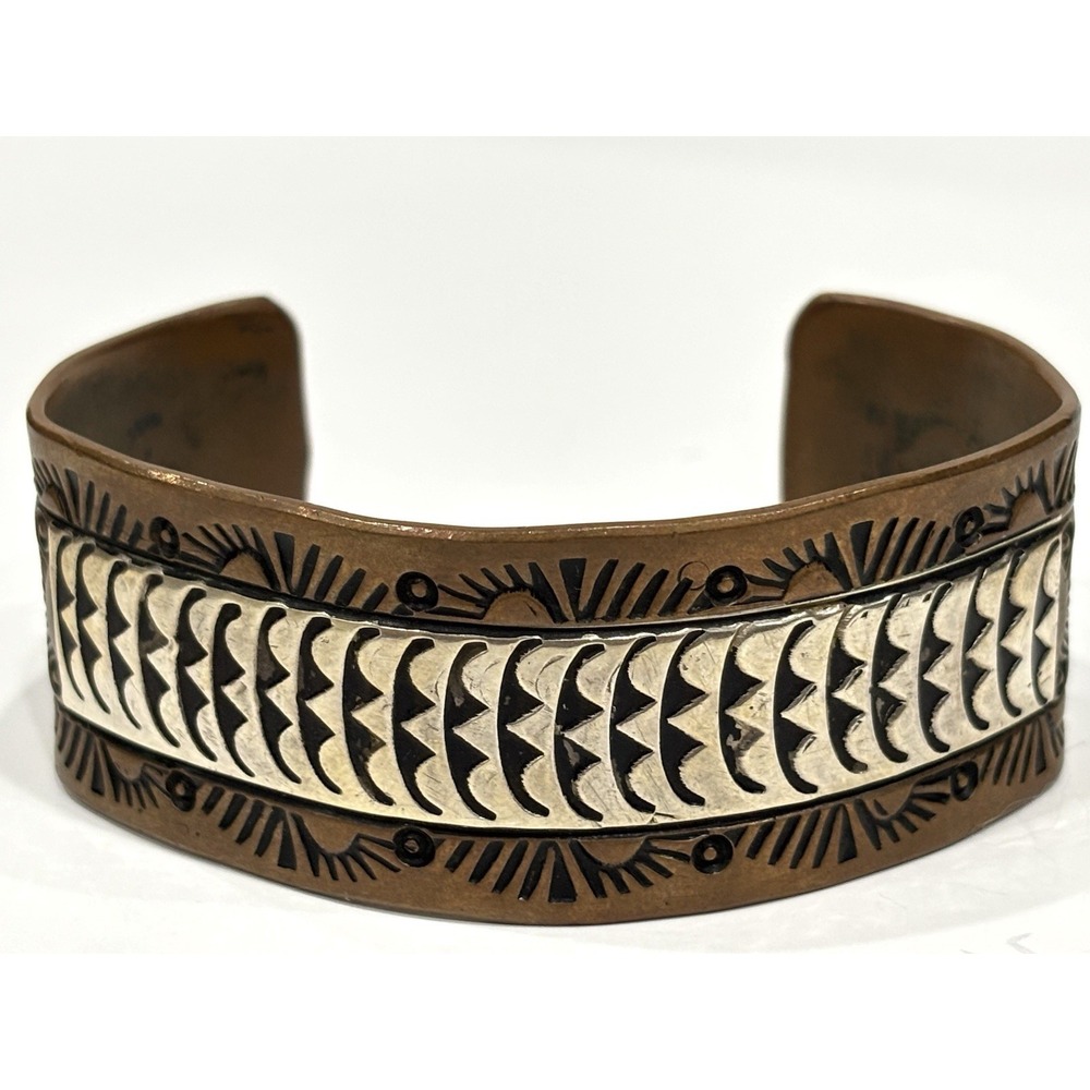 Vintage Navajo Sterling Silver & Copper Overlay Stamped Cuff Bracelet Signed